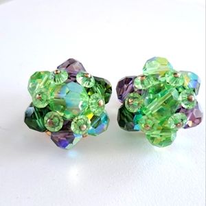 Vintage Green & Purple Aurora Borealis Facet Glass Crystal Clip On Earrings MCM